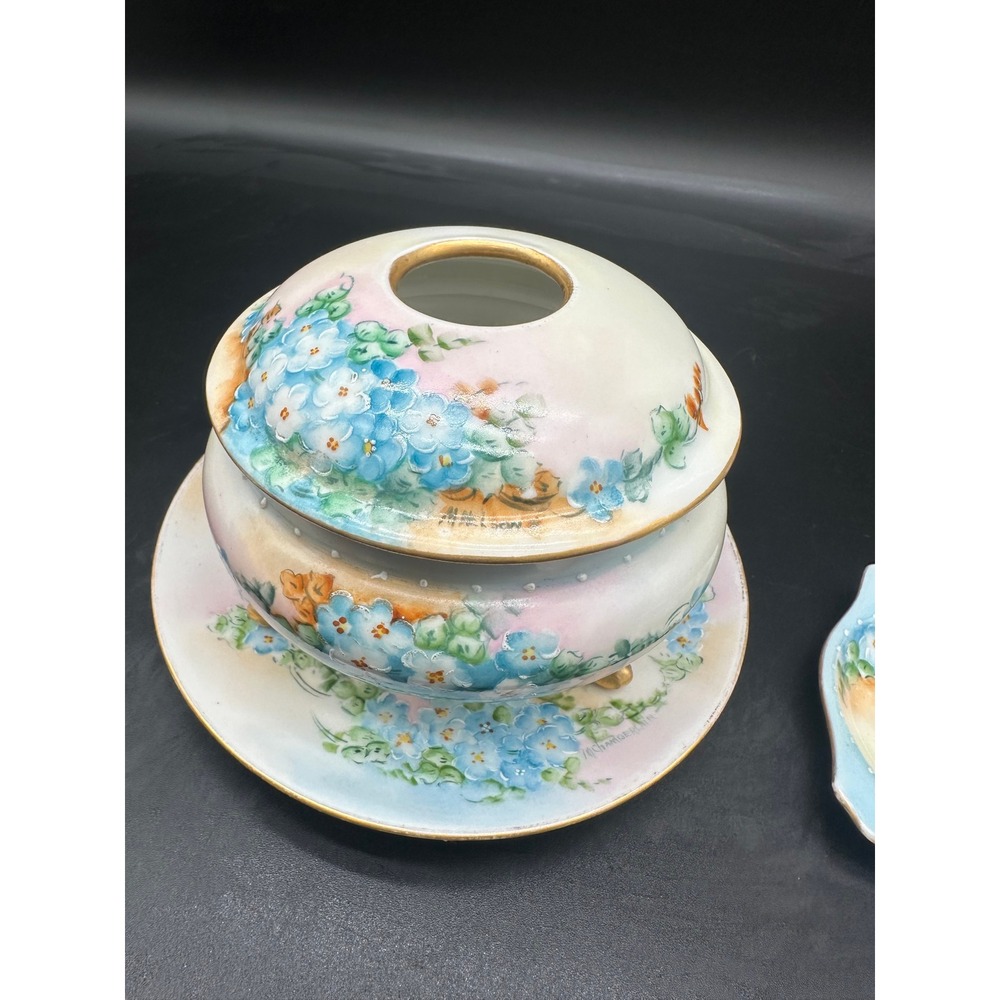 Antique Hand Painted Limoges Porcelain Dresser Set Forget-Me-Not Floral Gold - Picture 15 of 15